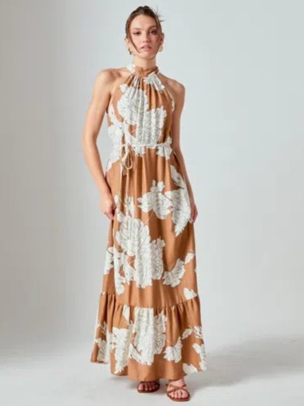 English Factory XL Floral Halter Maxi Dress Tan White Tiered Boho NWT
